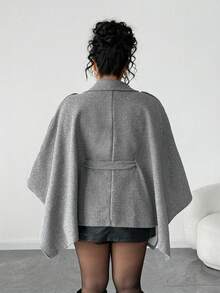 Elenzga Plus Size Asymmetrical Hem Double-Breasted Waist Woolen Coat - Grey - View 2