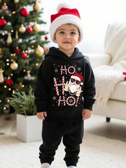 SHEIN Baby Boy Knitted Soft Hooded Casual Outfit, Thick For Autumn/Winter, Classic Christmas Prints: Santa Claus, Christmas Tree, Snowman, Gifts, Reindeer, Snowflakes