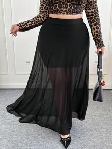 CovetEZ Black Mesh Patchwork Vacation Style Mid Skirt, Spring/Summer - Black - View 5