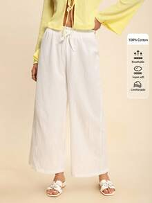 Coeurva Frilled Waist Solid Wide Leg Pants - White - View 1