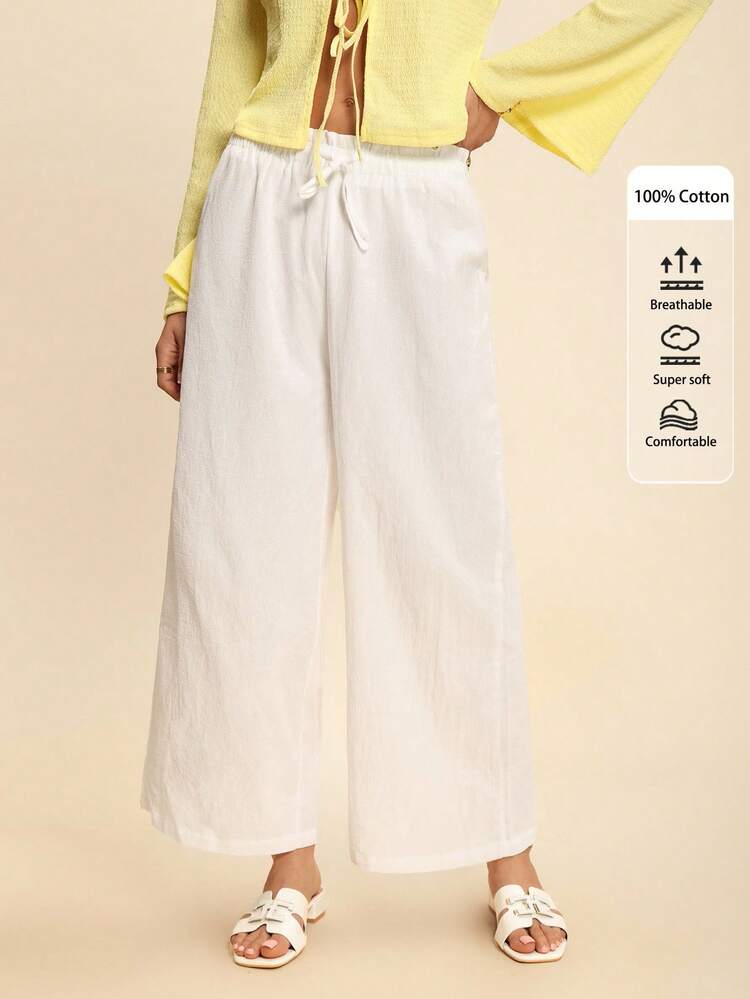 Pantalones de pierna ancha unicolor de cintura fruncido