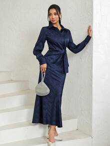 Veilorie Women's Long Sleeve Button Waist Twist Blouse And Fish Tail Midi Skirt Elegant 2 Pieces Set - Navy Blue - View 1