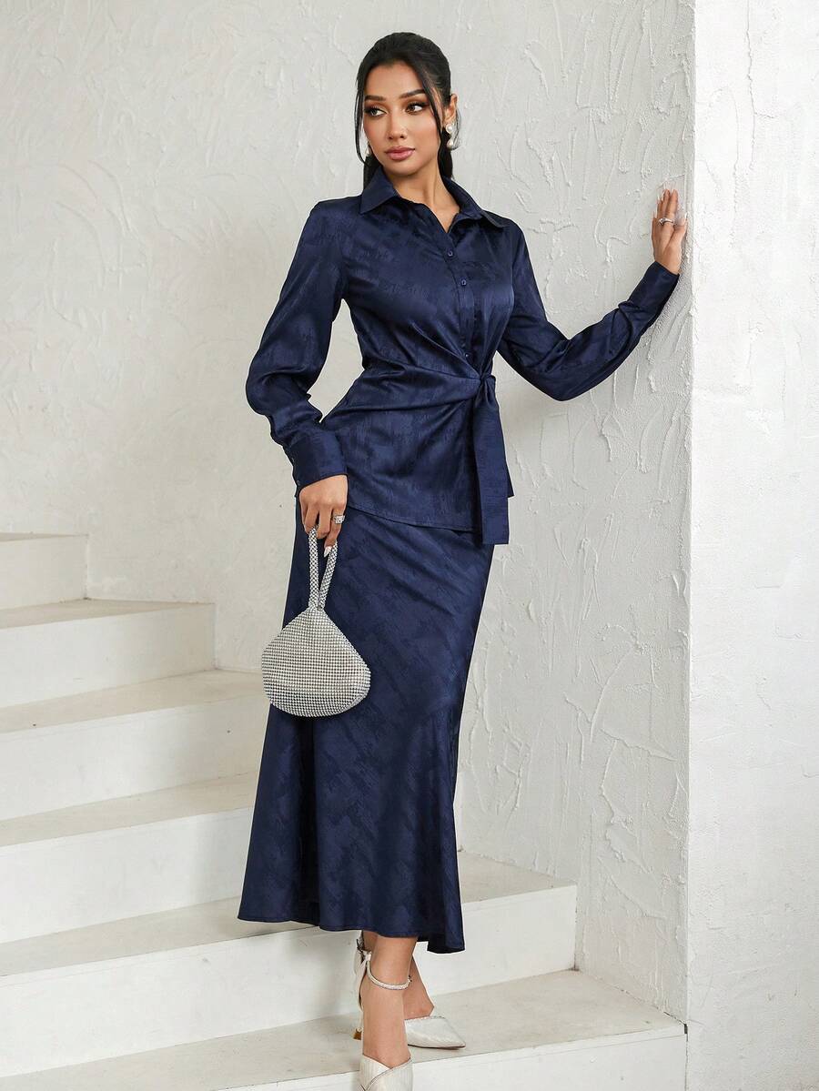 Veilorie Women's Long Sleeve Button Waist Twist Blouse And Fish Tail Midi Skirt Elegant 2 Pieces Set - Navy Blue - View 1