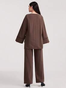 Veilorie Women's Contrast Lace V-Neck Drop Shoulder Long Sleeve Shirt And Pants Casual 2-Piece Set - Brown - View 4