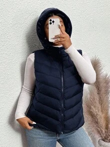 SHEIN Frenchy 女士加大码加厚背心，舒适休闲百搭日常及聚会穿着，黑色加厚背心女士羽绒背心女士冬季背心女士外套连帽羽绒背心带帽羽绒背心