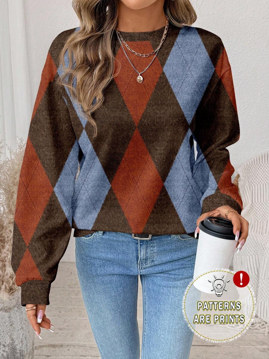 SHEIN LUNE Casual Plaid Print Pattern Loose Fit Crew Neck Long Sleeve Sweatshirt For Women, Suitable For Autumn/Winter New Year Party - Multicolor - View 1
