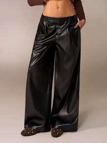 Avantive 秋冬/返校/乡村音乐会外出阔腿黑色 PU 裤 - 黑色 - 查看 4