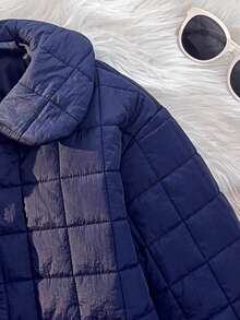一件式少女休闲千鸟格绗缝长袖羽绒服，轻便保暖，内衬保暖层，适合秋冬季日常穿着。 - 藍色 - 查看 5