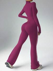 Dewbera 2pcs Women's Sports Suit Set, Zip-Up Long Sleeve Jacket With Thumb Hole, Stand Collar, Contrast Stripe And High Waist Flared Pants With Contrast Stripe, Suitable For Daily Casual Wear, Running, Yoga, Gym - Purple - View 3