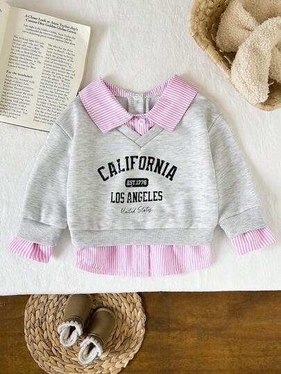 SHEIN Babyflickor 2 i 1 tröja med skjortkrage och bokstäver