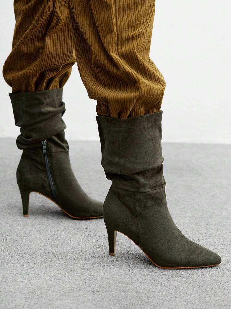 CUCCOO BIZCHIC Green Pointed Toe Ruched Suede Mid-Calf Slip-On Boots, Fashionable High Heels, Comfortable & Versatile For Daily Commute For Christmas