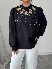 Modelyn 女士加大码黑色水钻镂空泡泡长袖休闲衬衫，秋季款 - 黑色 - 查看 5