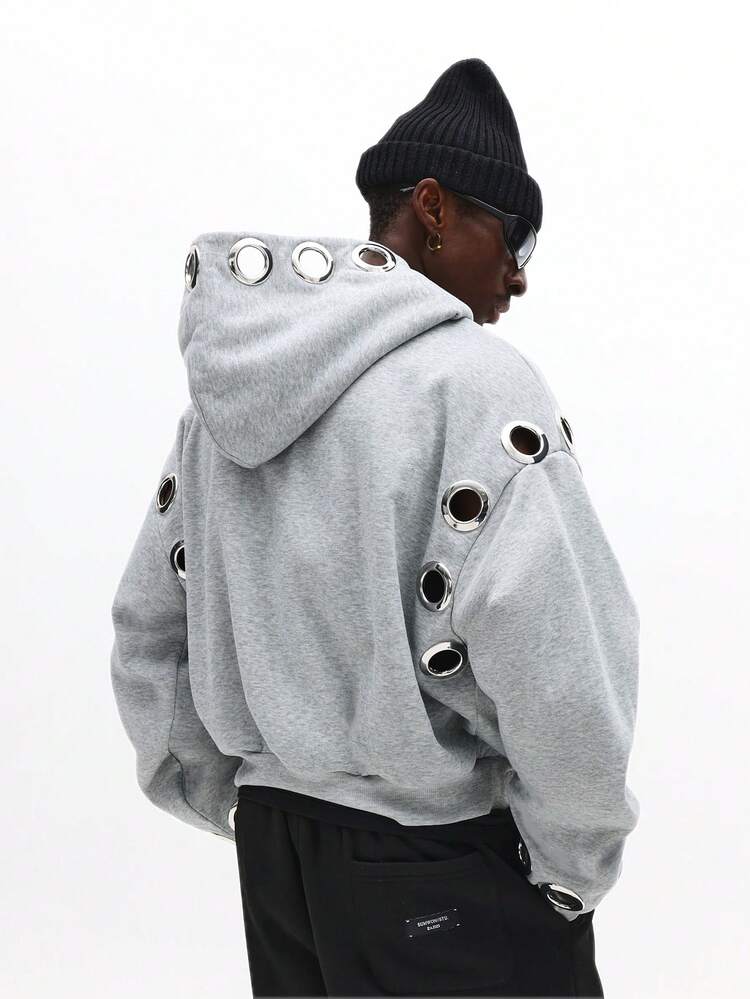 Full Zip Hoodie With Metal Eyelet Design And Front Pockets