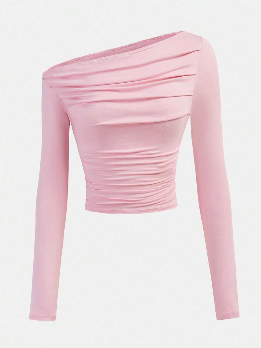 SHEIN Girlism 少女秋季白色斜肩褶皱腰身修身优雅休闲露脐上衣T恤 - 粉色 - 查看 1