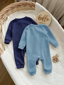 SHEIN Bộ 2 áo liền quần tay dài dệt kim màu trơn dễ thương cho bé gái sơ sinh, mùa thu/đông - Màu xanh hải quân - Xem 2