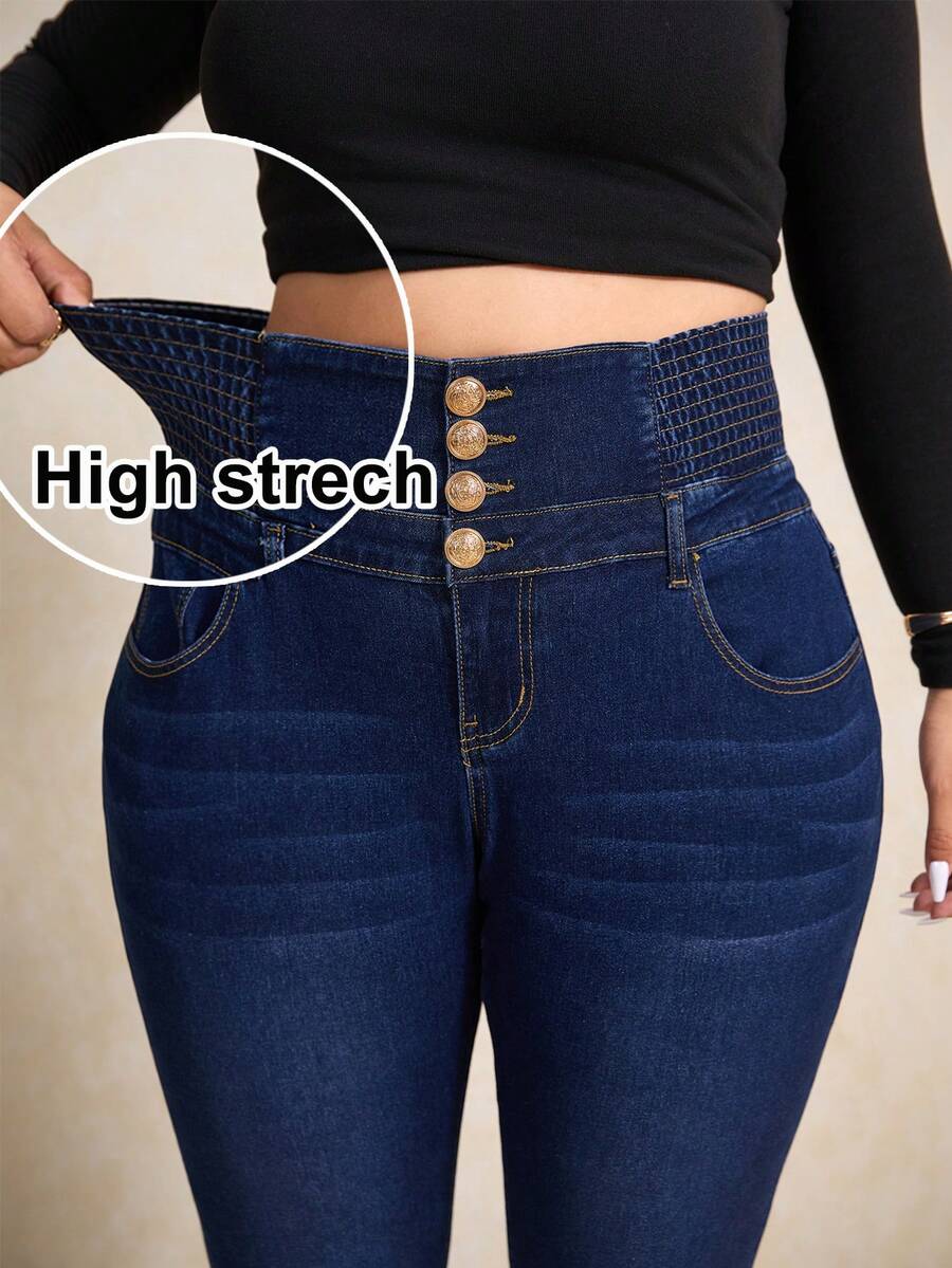 Elaquor 大码纯色简约高腰牛仔裤，日常穿着 - 深色水洗藍 - 查看 1