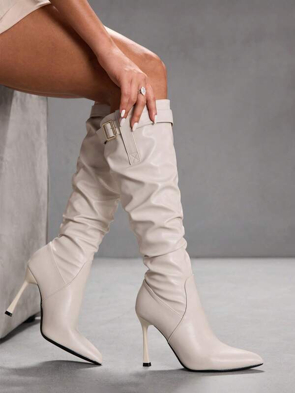 CUCCOO SZL Women's Pointed Toe Buckle Design Pleated Fashion High Heel Mid-Calf Boots