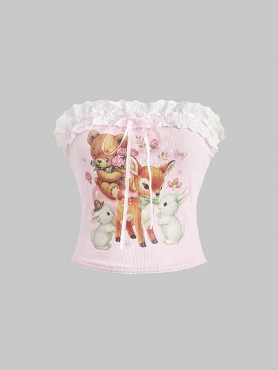 Kawaii Women's Cute Retro Sweet Bear, Pony, Rabbit Print Lace Trim Bow Bandeau Top