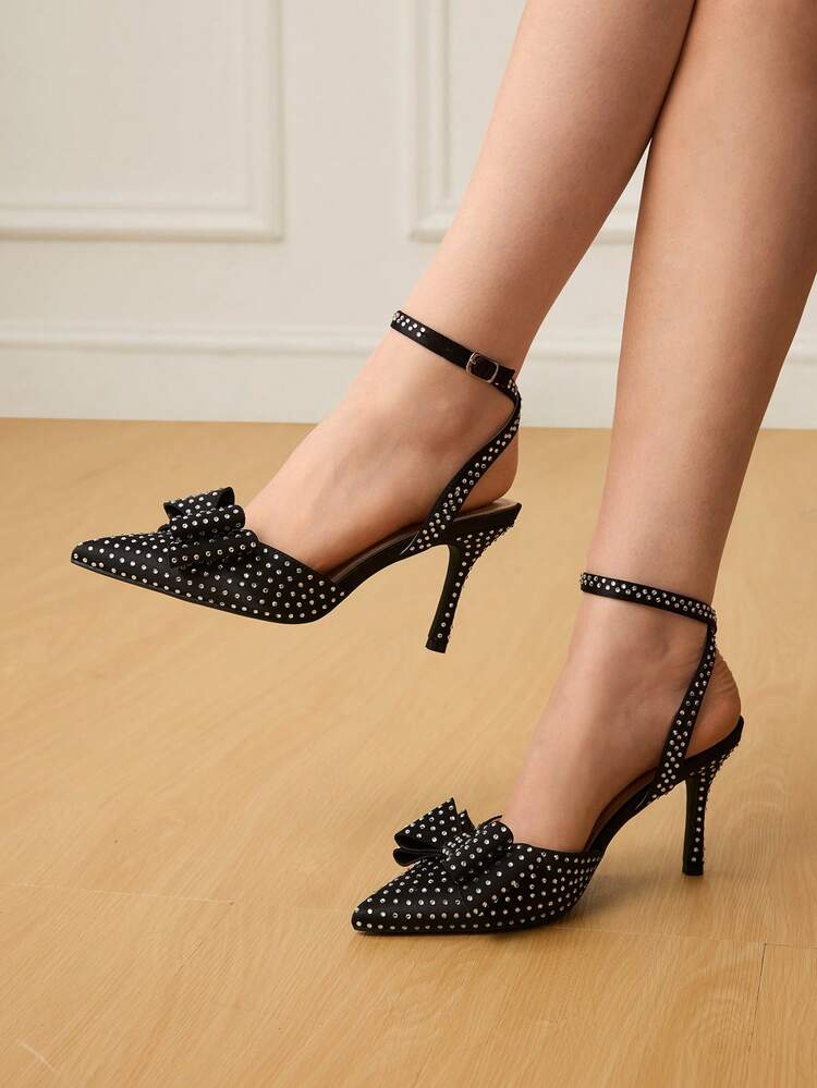 CUCCOO HITCHD Women's Fashionable Elegant Party Rhinestone Bow Decor Pointed Toe Pumps For Christmas
