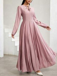 Veilorie Women's Elegant Solid Color Flared Arabic Style Dress - Dusty Pink - View 3