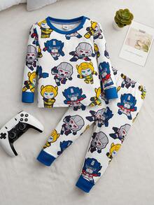 Transformers X SHEIN 2件套男婴卡通机器人印花圆领长袖上衣和裤子针织紧身睡衣套装