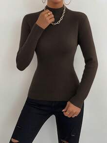 Chiquease Women's Solid Color Round Neck Long Sleeve Casual Fleece Sweater, Autumn/Winter - Coffee Brown - View 7