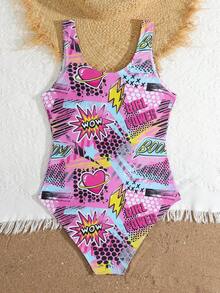 SHEIN 少女休闲针织面料紫色爱心闪电多色印花连体泳衣，适合游泳、度假、夏季 - 彩色 - 查看 4