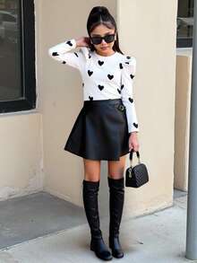 SHEIN Tween Girl Casual Elegant Heart Print Puff Sleeve Round Neck T-Shirt And PU Patch Asymmetrical Hem Heart Metal Button Skort PU Shorts 2 Pieces Set, Black & White PU Shorts Outfit Black And White Clothes For Tween Girls Cute Cheap Clothes Teen Girl Outfits Sets Girls Outfit Sets 13 Cute Outfit Bundles For Teen Girls - Black - View 7