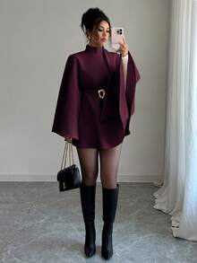 Elenzga Women's Minimalist Solid Color Waist Cinched Business Overcoats