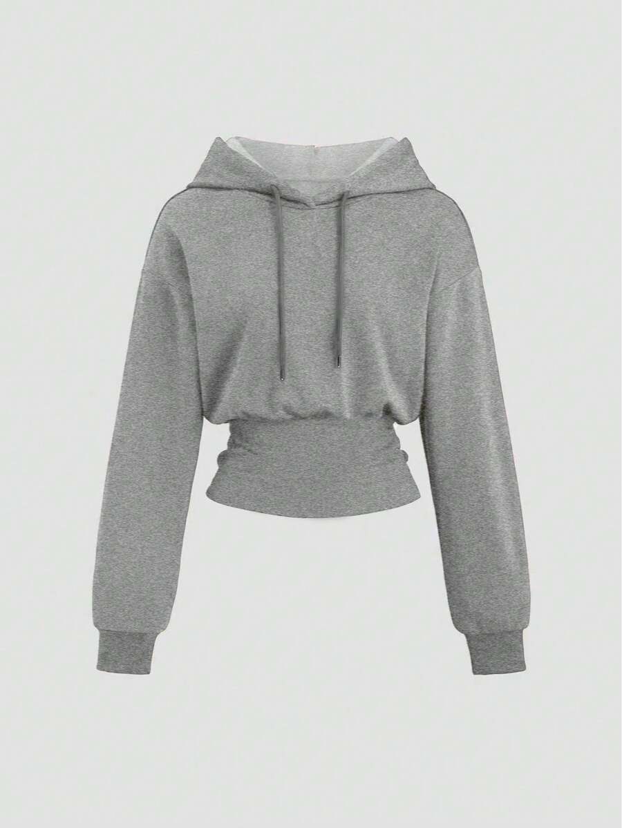 Sweetra Women's Brown Hooded Cinched Waist Long Sleeve Sweatshirt, Autumn/Winter - Light Grey - View 1