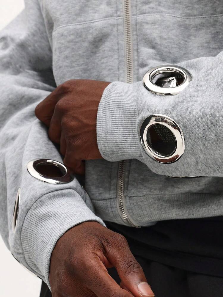 Full Zip Hoodie With Metal Eyelet Design And Front Pockets