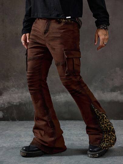 Grunge Punk Herren Vintage Patchwork Leoparden Muster Klapptaschen Schlaghose