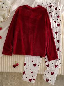 Flannel Girls Teen Loungewear 2-Piece Set - Wine Red Solid Top White Heart Print Pants Combo  Heart All-Over Print Design Red White Classic Contrast Match Thick Warm Flannel Fabric Long Sleeve Top Pants Set Social Media Style  Sweet Autumn Winter Spring Holiday Essential Girls Teen Home Set - Multicolor - View 2