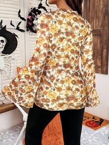 SHEIN Maternity Floral Print Stand Collar Long Flare Sleeve Casual T-Shirt - Yellow - View 2