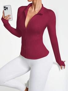 Core Rhythm 女式纯色长袖拉链修身运动夹克 - 酒紅色 - 查看 3