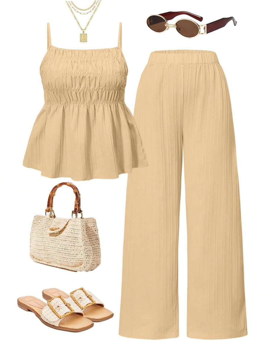 Sparklyn 2pcs/Set Teen GirlCasual Camisole Top And Wide Leg Pants Set, Woven Fabric, Elastic Waist, Summer - Khaki - View 1