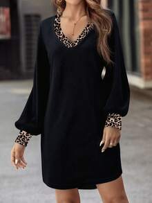 SHEIN LUNE Đầm dài tay cổ chữ V họa tiết da báo trơn màu dành cho nữ - Nhiều màu - Xem 4
