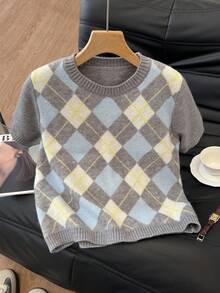 SHEIN Frenchy 女士圆领菱形图案短袖针织上衣，秋冬款 - 彩色 - 查看 6