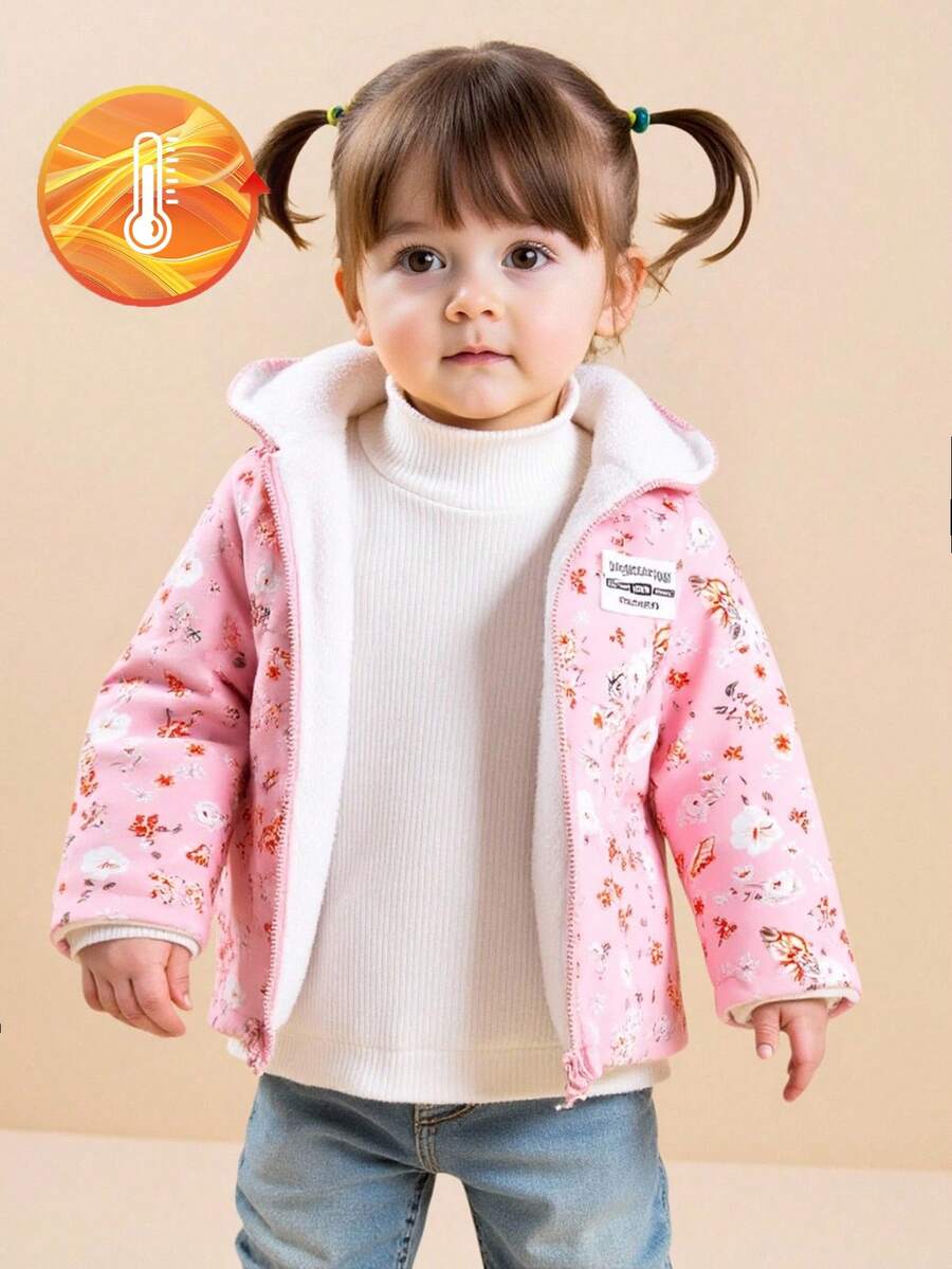 SHEIN Playful Pals Giacca con cappuccio vintage a fiori per bambine, chiusura con zip, fodera termica, casual e alla moda, abbigliamento invernale