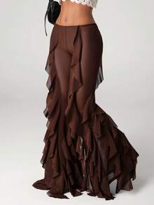 SHEIN ICON 女士西部风喇叭裤脚低腰修身Y2K裤，秋冬款 - 卡其色 - 查看 4