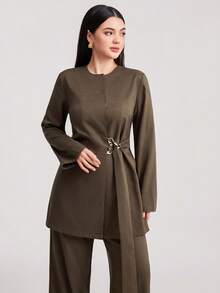 Veilorie 新款系带腰带精致金属扣高端棕色两件套 - 棕色 - 查看 4