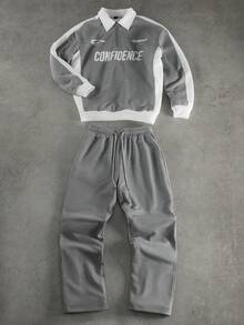 SLATEMANN Men's Casual Fashion Street Sporty Letter Print Contrast Color Half Zip Hooded Sweatshirt And Drawstring Waist Straight Leg Sweatpants Set, Spring/Autumn - Multicolor - View 1