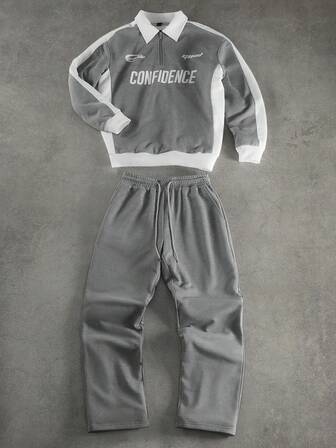 Manfinity Homme Men's Casual Fashion Street Sporty Letter Print Contrast Color Half Zip Hooded Sweatshirt And Drawstring Waist Straight Leg Sweatpants Set, Spring/Autumn