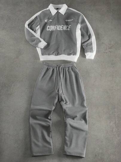 SLATEMANN Men's Casual Fashion Street Sporty Letter Print Contrast Color Half Zip Hooded Sweatshirt And Drawstring Waist Straight Leg Sweatpants Set, Spring/Autumn