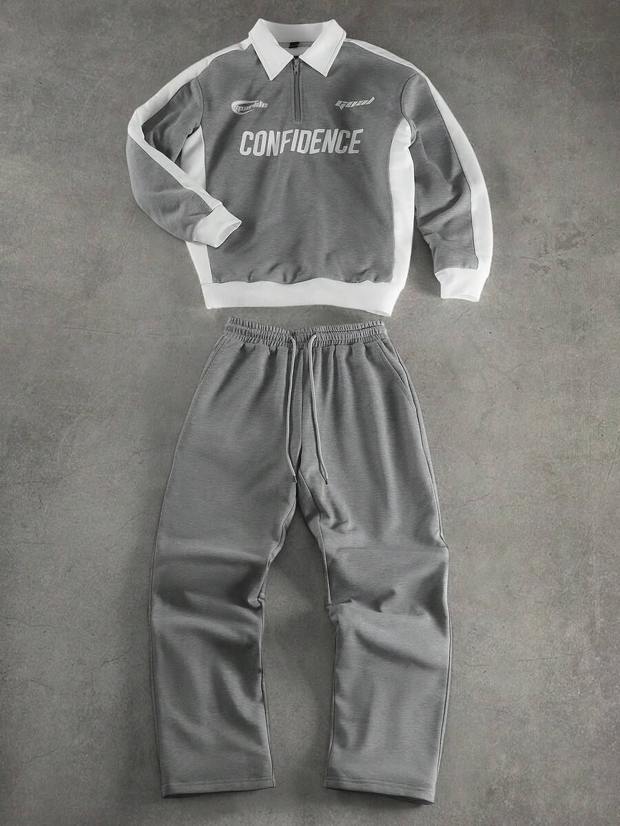 SLATEMANN Men's Casual Fashion Street Sporty Letter Print Contrast Color Half Zip Hooded Sweatshirt And Drawstring Waist Straight Leg Sweatpants Set, Spring/Autumn - Multicolor - View 1