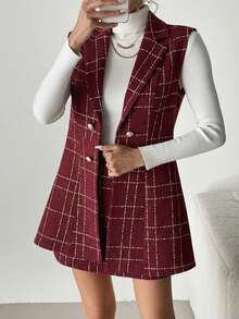 SHEIN Clasi 2pcs Women's Tweed Fabric Suit Vest + A-Line Midi Skirt Set, Elegant For Daily Commute - Red - View 5