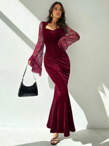 Firerie 哥特风优雅性感派对黑色甜心领蕾丝喇叭袖天鹅绒鱼尾连衣裙，适合万圣节、秋冬季节穿着。 - 酒紅色 - 查看 5