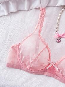 PetitDoll 女士心形网纱撞色蕾丝蝴蝶结装饰时尚文胸 - 粉色 - 查看 4