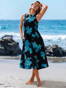 Sylviya 女士休闲黑色宽松印花中长连衣裙，适合春夏穿着，波西米亚风女装，适合外出、度假等场合。 - 彩色 - 查看 7