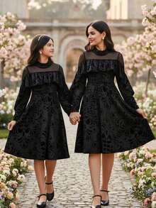 SHEIN 1 pezzo Abito elegante da ragazza in in rete e velluto, per primavera/autunno - nero - Visualizzare 3